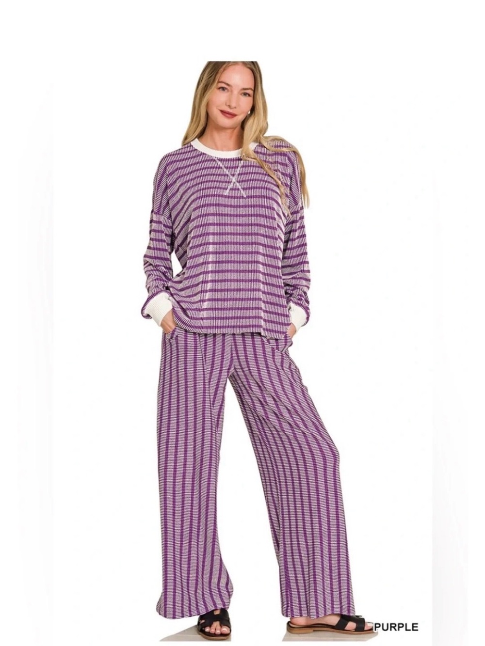Zenana Women's Purple Striped Lounge Set - Long Sleeve Top & Wide Leg Pants
